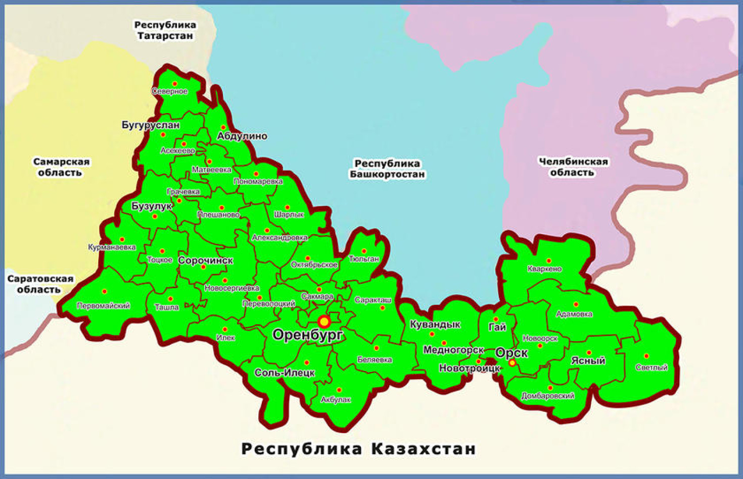 Сколько человек в оренбургской области. Оренбургская область на карте границы. Карта Оренбургской области на карте России. Карта Оренбургской области с соседними областями. Карта Оренбургской области с границами областей.